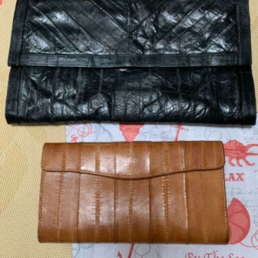 Eel Skin Clutch Handbag Black and Wallet Brown Exc